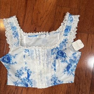 Blue Floral Lace Trim Top